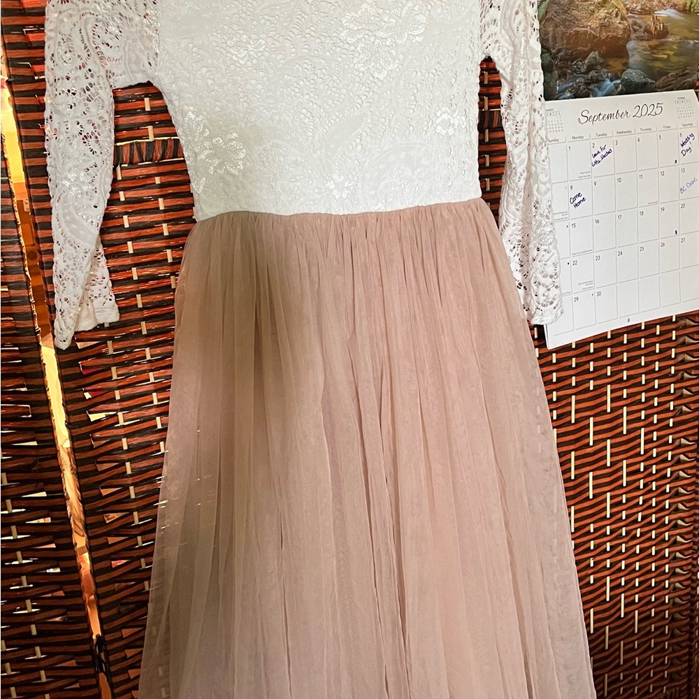 White Lace and Dark Champagne Tulle Dress *Flower Girl Dress*